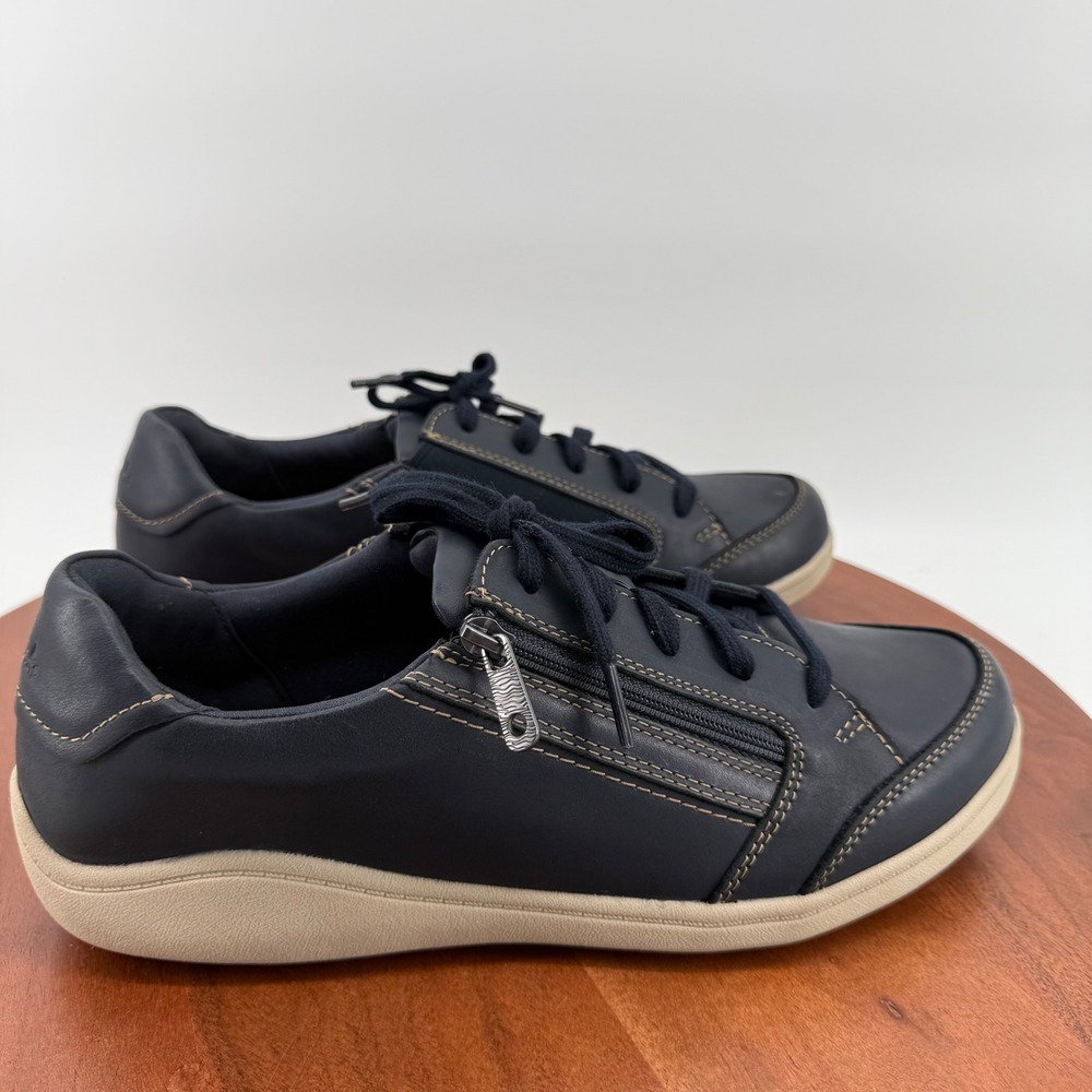 Clarks Collection Bryianne Bayla Navy Zip Lace-Up Leather Sneakers Women's 11W